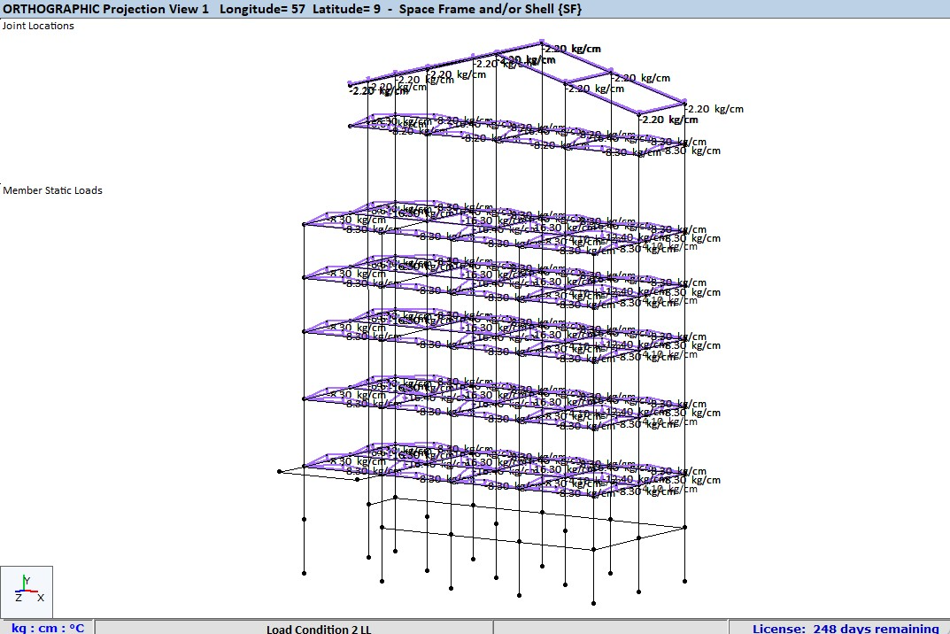 Orthographic projection of a multi-story frame structure displaying live load distribution with load values in kg/cm on each beam.