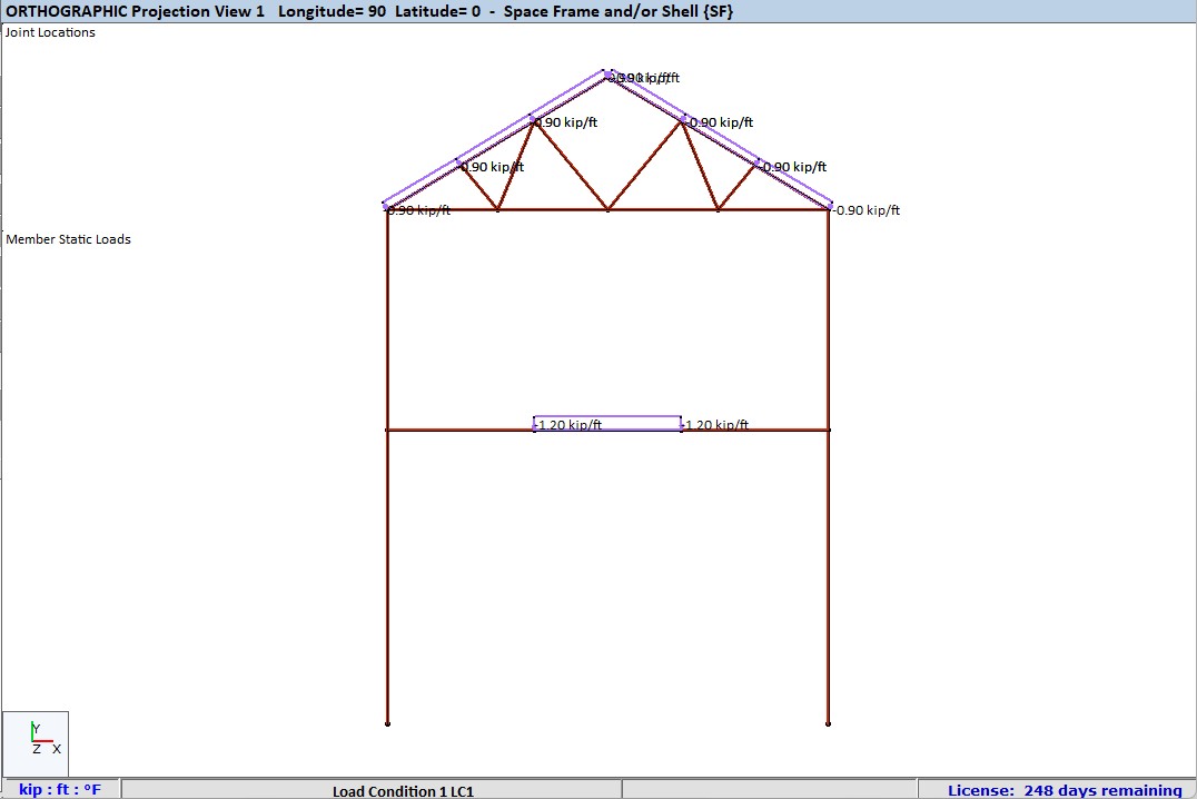 Orthographic projection of a structural frame with roof truss showing distributed loads labeled in kip/ft on members.