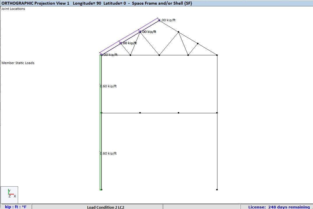 Structural orthographic projection showing a space frame or shell with labeled static loads in kip/ft applied on members and joints.