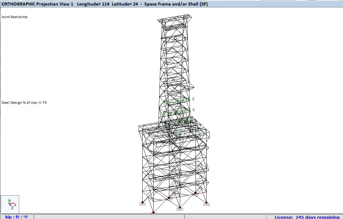 Orthographic projection of a space frame steel structure with vertical and horizontal elements and joint restraints.