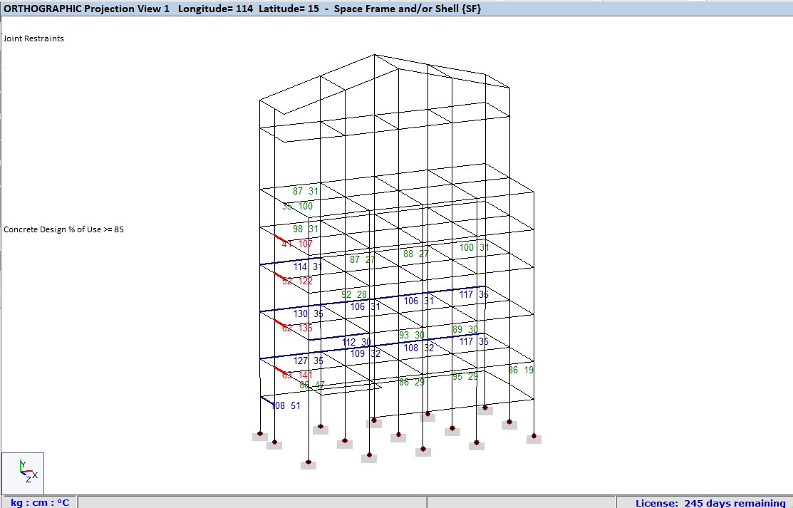 3D orthographic projection of a multi-story space frame structure with labeled joint restraints and percentage concrete design usage values.