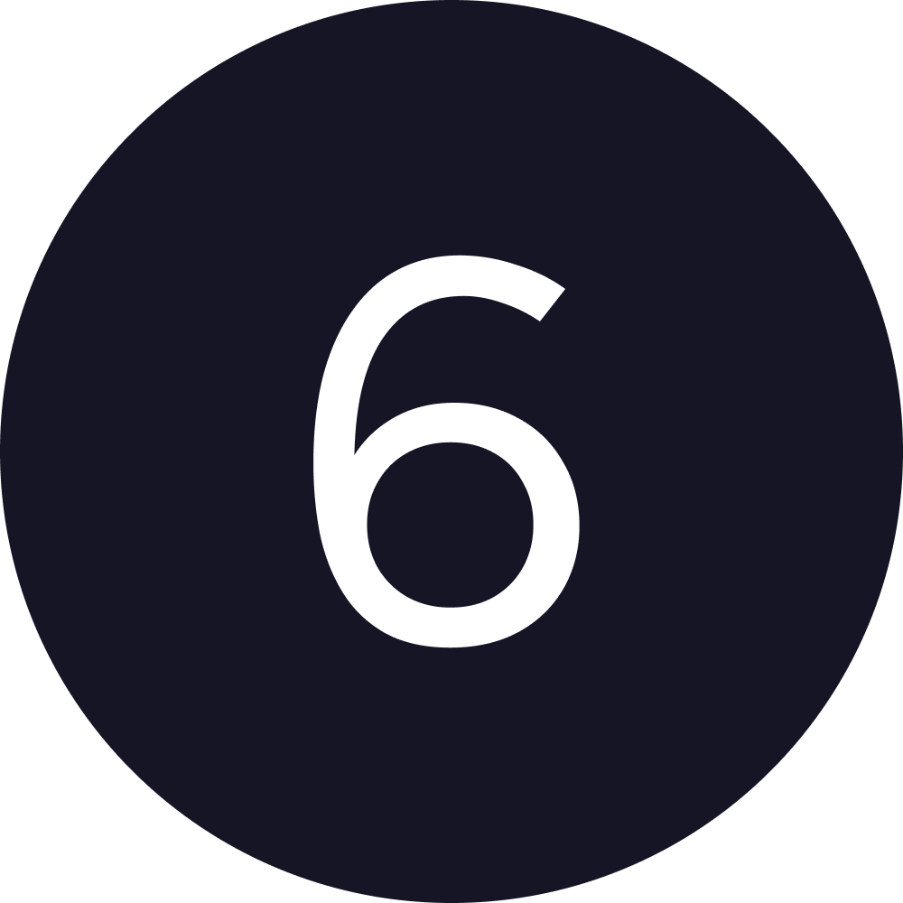 Minimalist black circular badge with the number 6 in bold white font, used for ranking or listing.