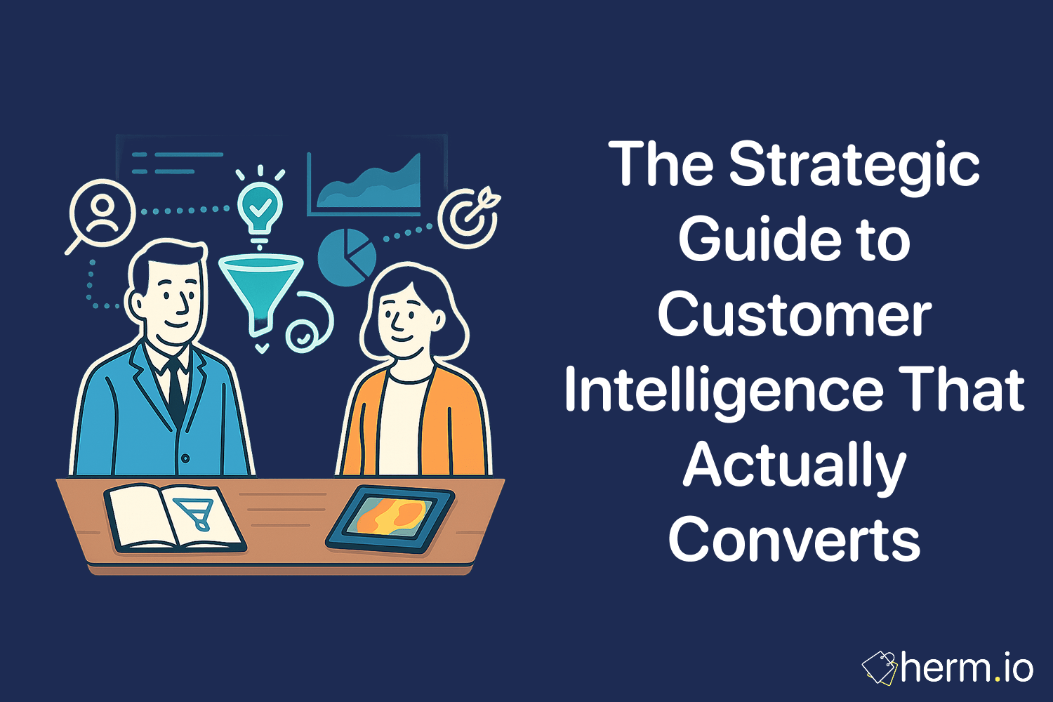 Illustration of two professionals at a desk with a funnel, pie chart, heatmap tablet, and target icon floating above, next to the heading ‘The Strategic Guide to Customer Intelligence That Actually Converts’ on a deep blue background.
