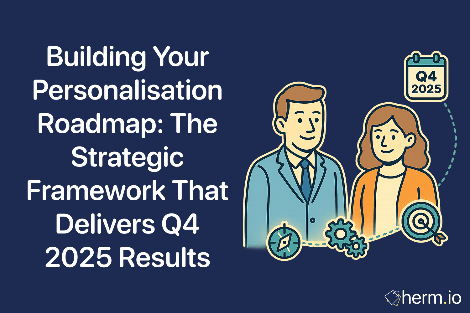 Visual of two businesspeople connected by icons for compass, gears, and a Q4 2025 calendar, next to the text ‘Building Your Personalisation Roadmap: The Strategic Framework That Delivers Q4 2025 Results’ on a blue background.