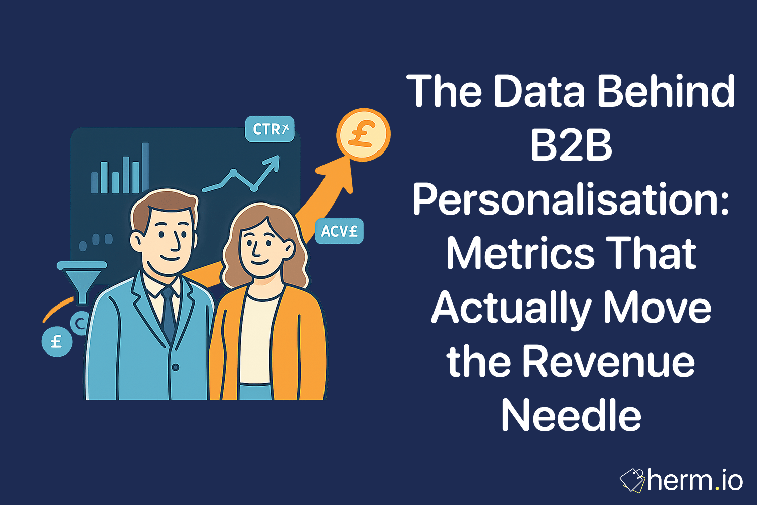 Graphic of a business man and woman in front of rising charts, a filter icon, and currency symbols, alongside the title ‘The Data Behind B2B Personalisation: Metrics That Actually Move the Revenue Needle’ on a navy backdrop.