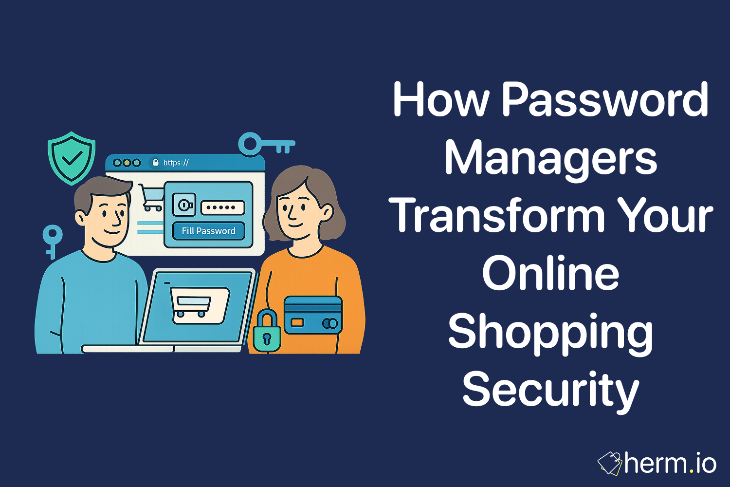 Illustration titled ‘How Password Managers Transform Your Online Shopping Security,’ featuring a man and woman with a laptop displaying a password-fill prompt, alongside padlock and credit-card icons.