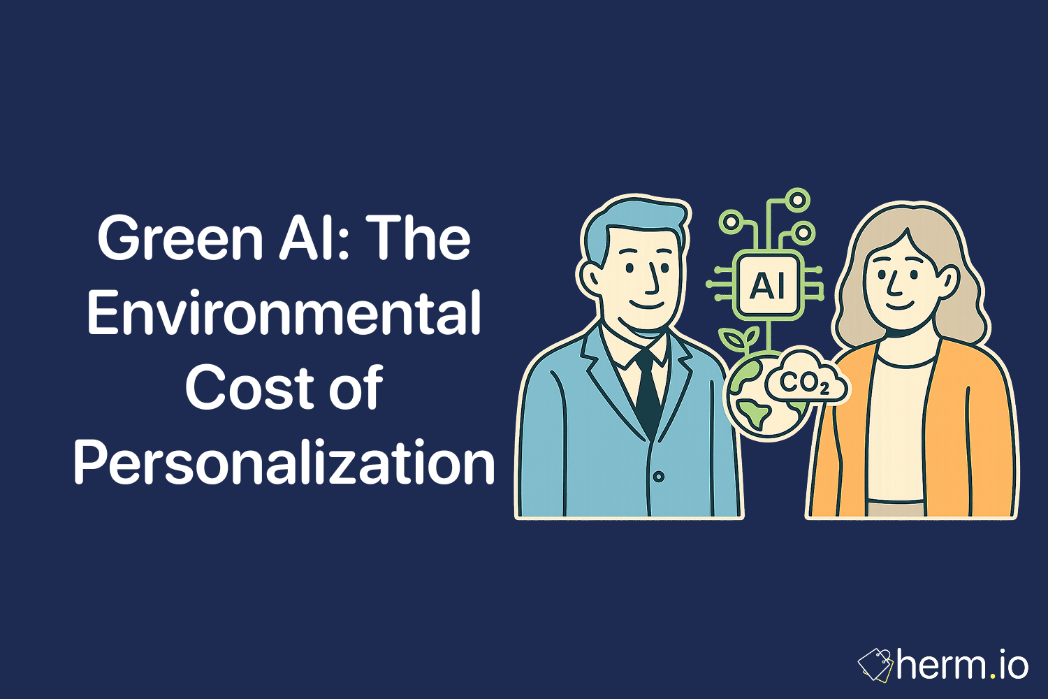 Illustration of two characters next to an AI chip, Earth, and CO2 cloud, representing the environmental impact of AI-powered personalization technologies.
