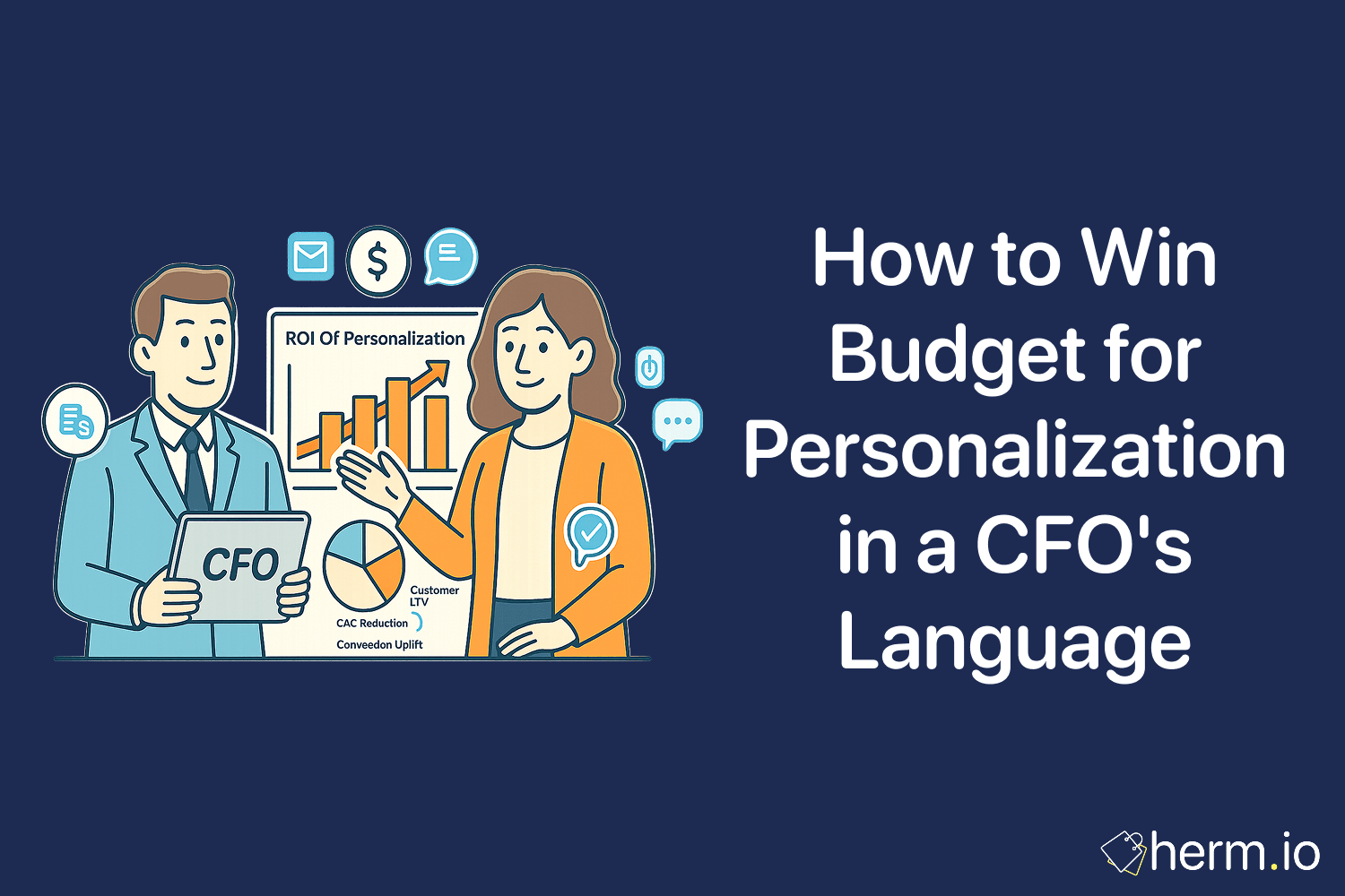 Illustration of a marketing professional presenting personalization ROI metrics to a CFO, highlighting customer lifetime value, CAC reduction, and conversion uplift.