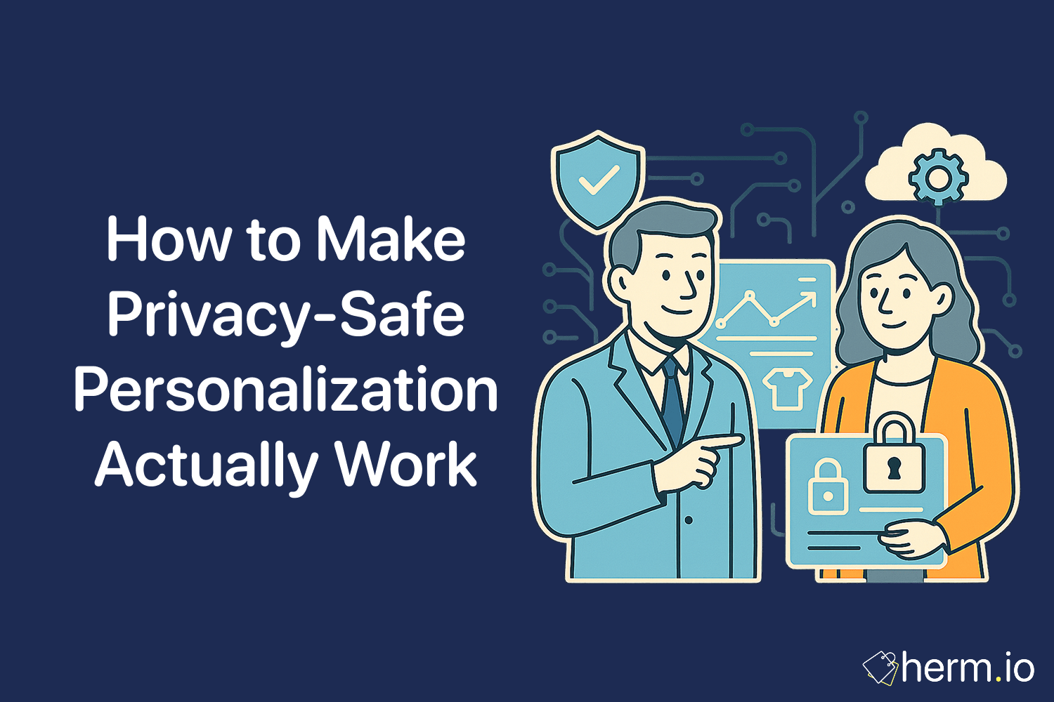 Illustration showing a secure data-sharing environment with two marketers discussing privacy-safe personalization strategies backed by charts and shield icons.