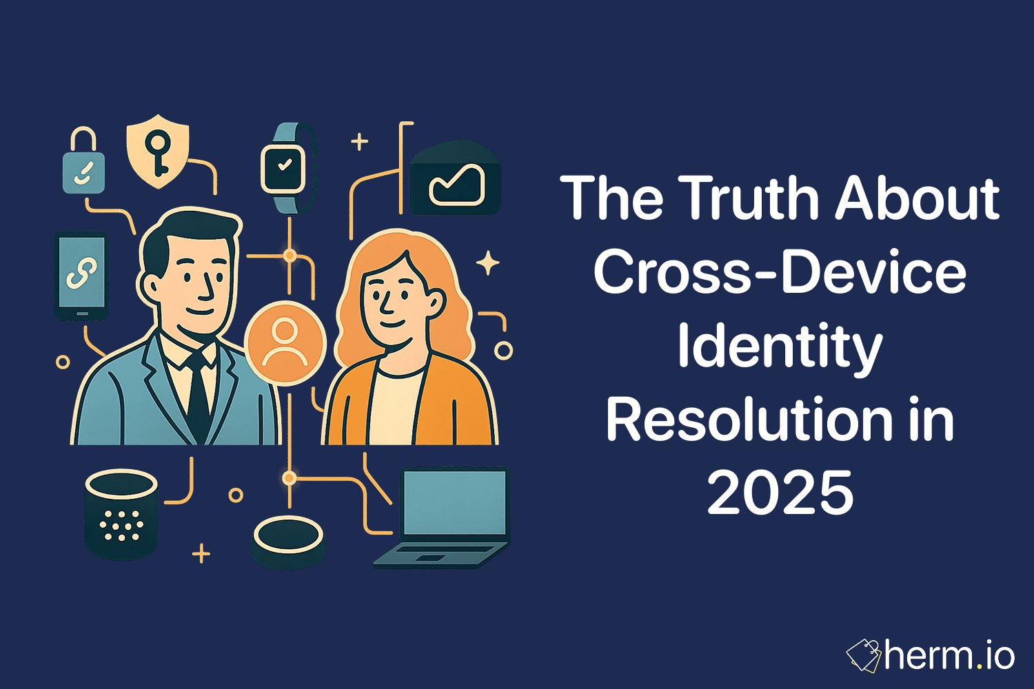 Graphic of two professionals connected through smart devices and digital profiles, symbolizing modern cross-device identity resolution and data integration.