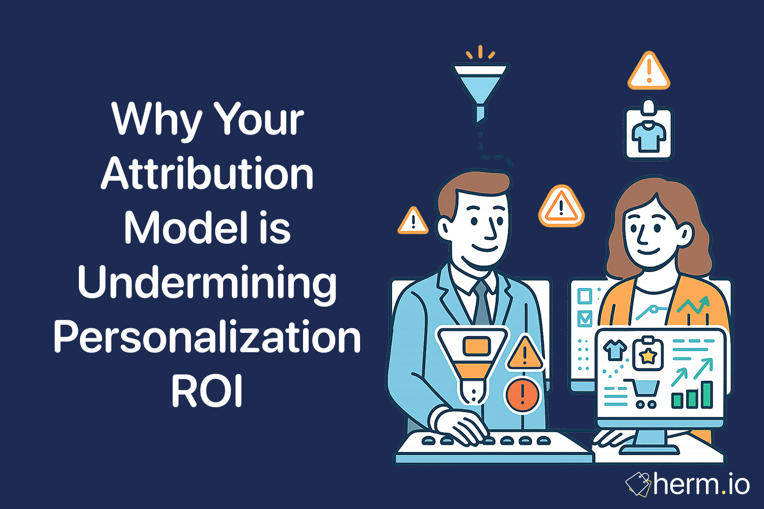 Illustration of two professionals analyzing flawed marketing attribution data, with warning icons and a funnel indicating challenges in measuring personalization ROI.