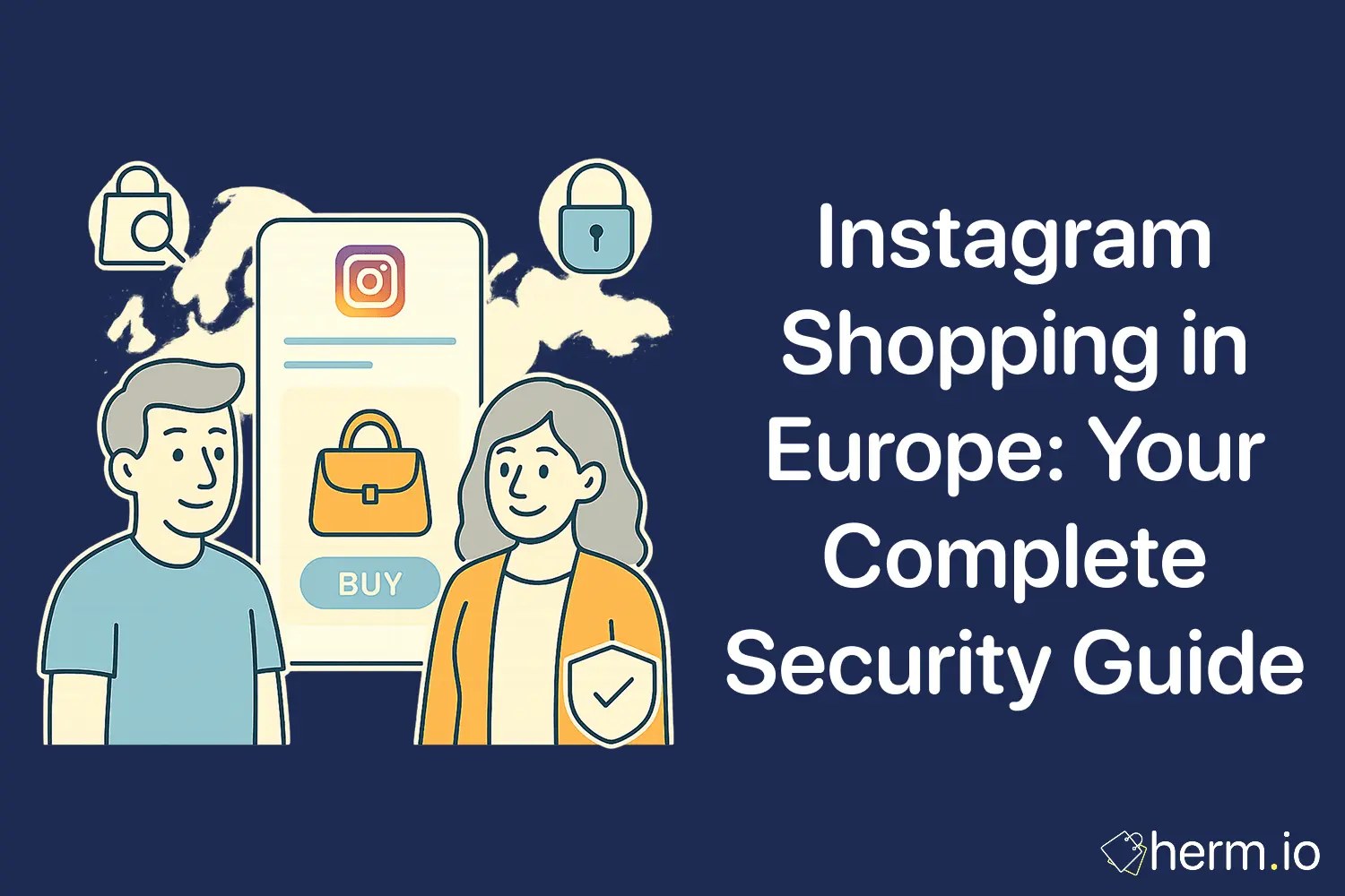 Illustration of two shoppers using Instagram's shopping feature with security padlock icons, highlighting safe online purchasing in Europe.