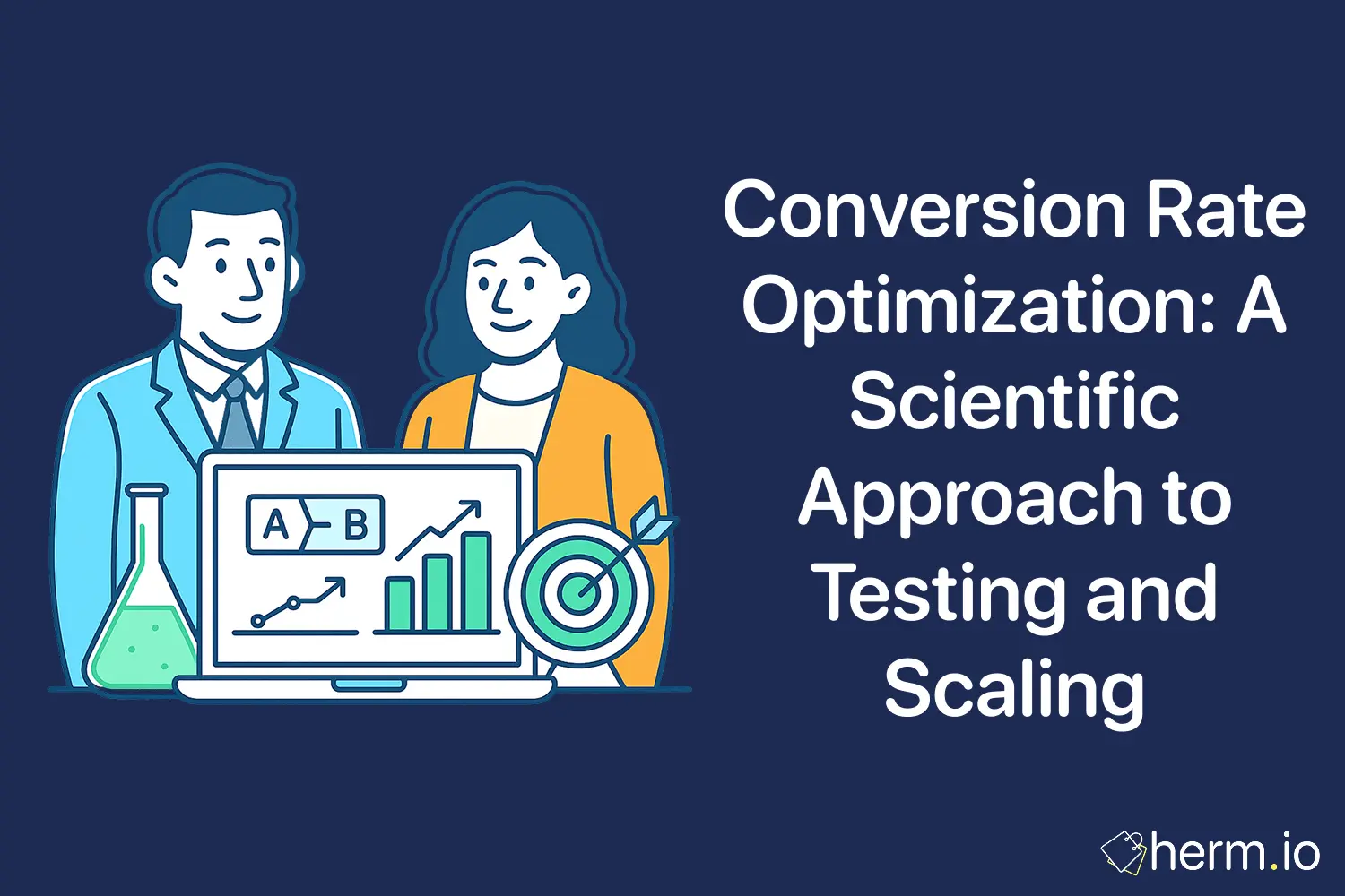 Illustration of two marketers with A/B testing graphs and target icons, titled Conversion Rate Optimization guide.