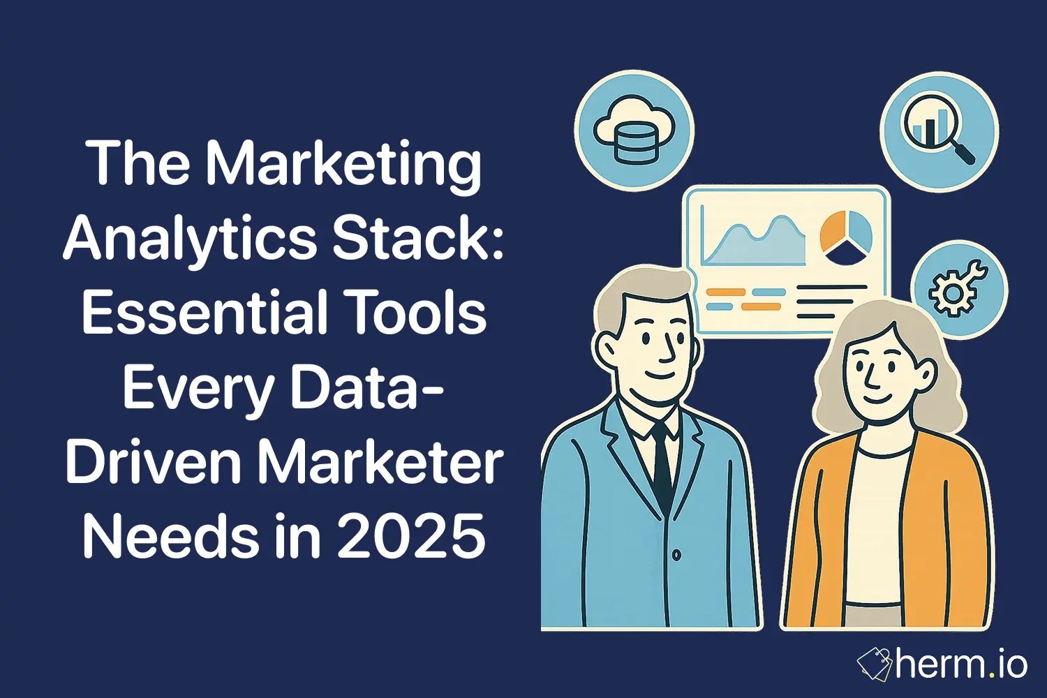 Illustration of two marketers with data icons and a dashboard, titled The Marketing Analytics Stack 2025.