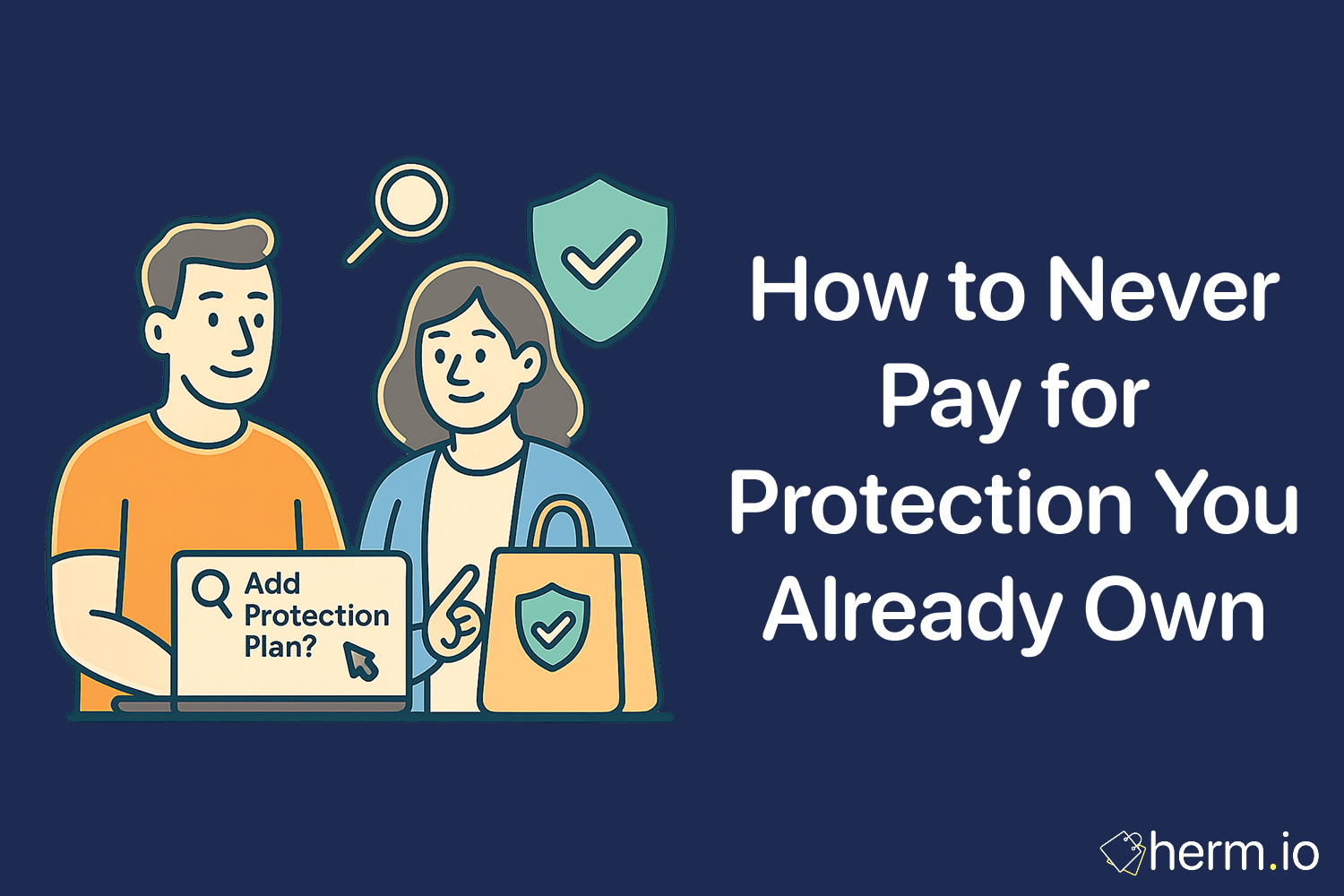 Couple shopping online with a protection plan shield icon, symbolizing strategies to avoid paying for duplicate protection.