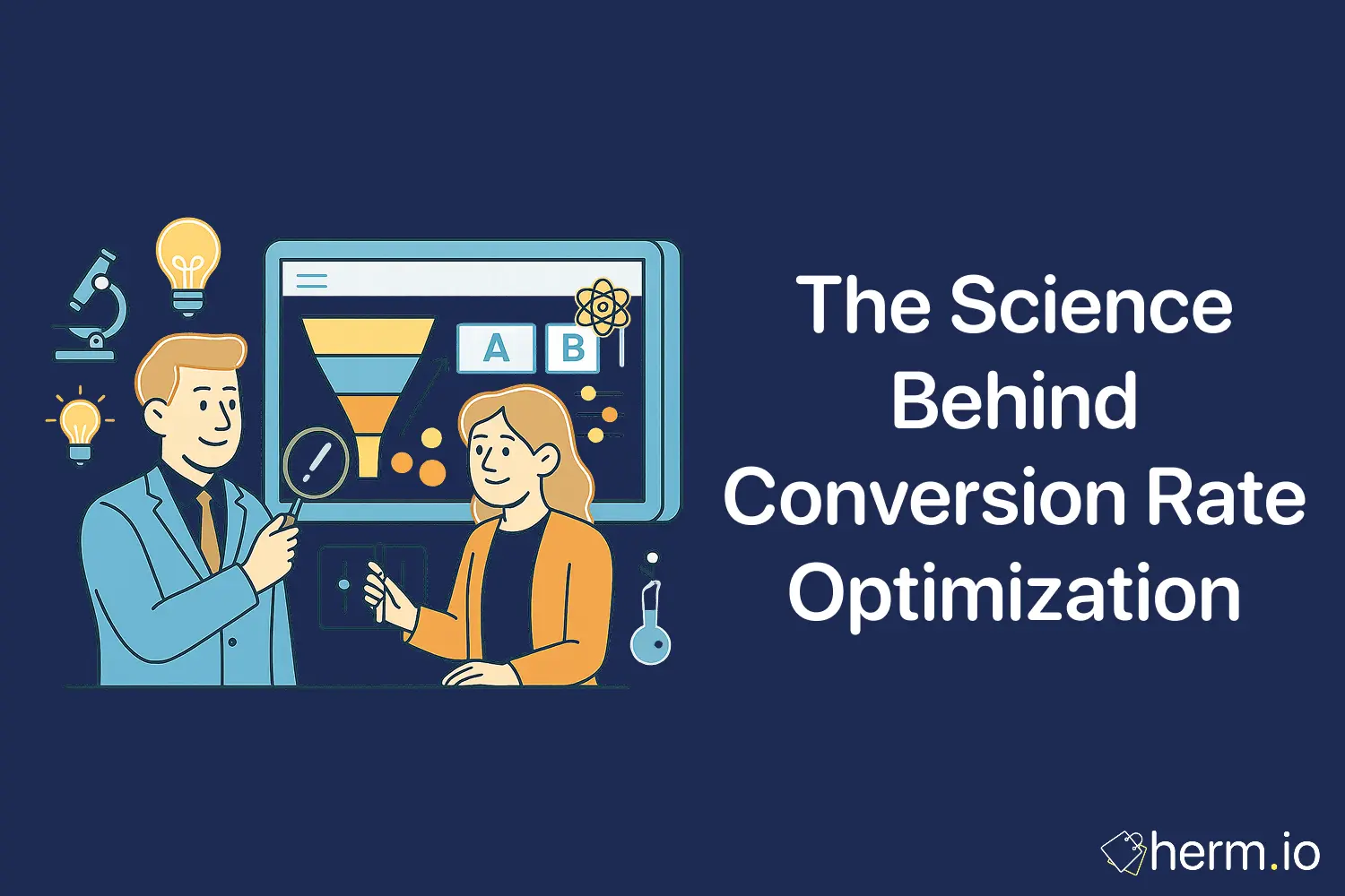 Flat illustration of two marketers analyzing a funnel chart with A/B testing elements, symbolizing the science of conversion rate optimization.