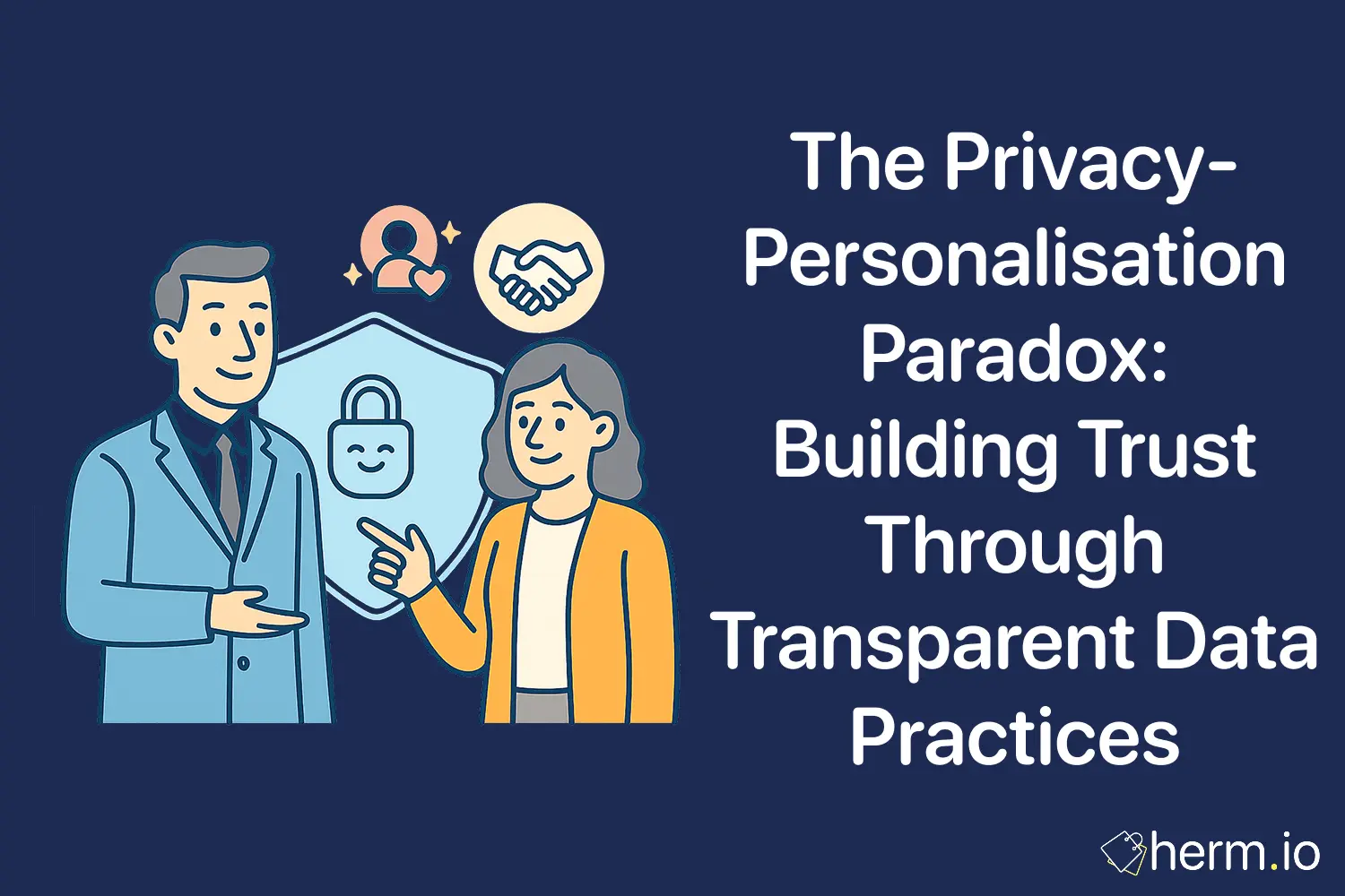 Illustration of two professionals discussing privacy and personalization with lock, trust, and user icons, highlighting transparent data practices.