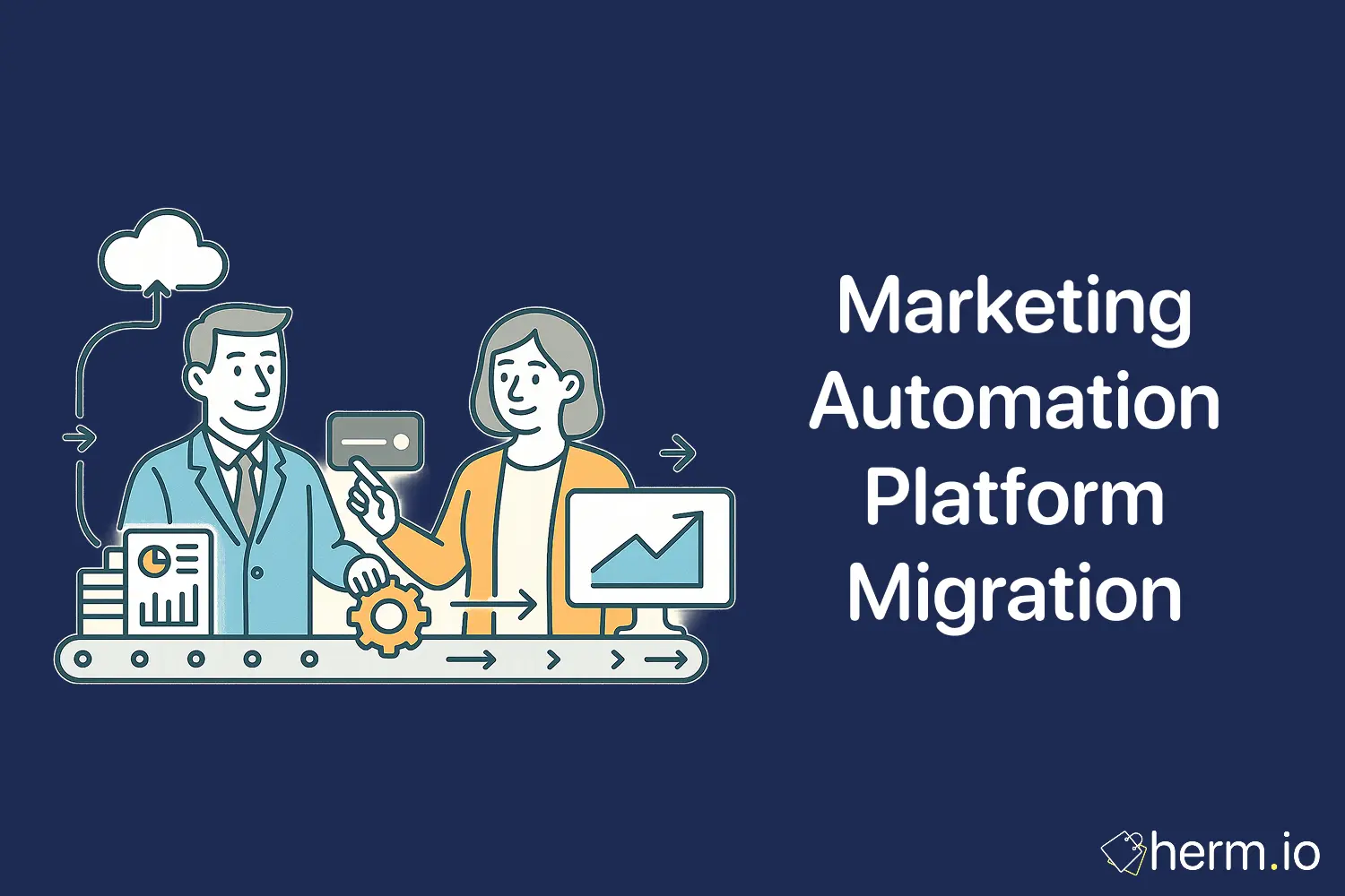 Flat-style illustration of two marketers managing gears, graphs, and cloud connections on a conveyor belt, symbolizing marketing automation platform migration.