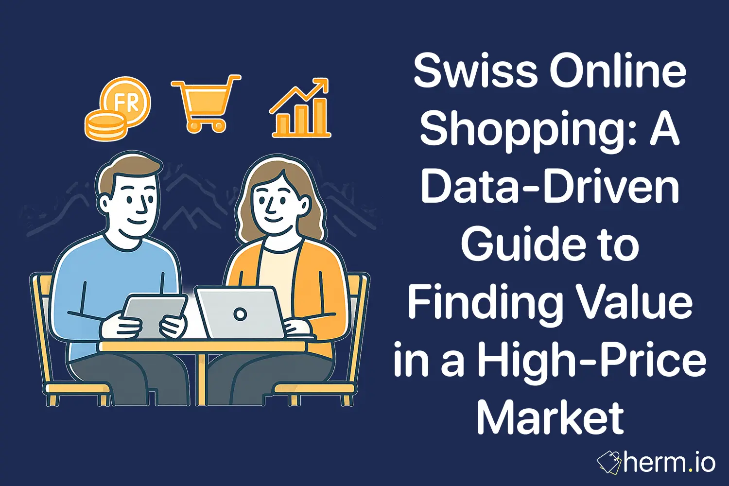 Swiss shoppers using laptop and tablet at table with icons of Swiss franc coins, cart, and analytics. Data-driven guide to finding value in Switzerland’s high-price market.