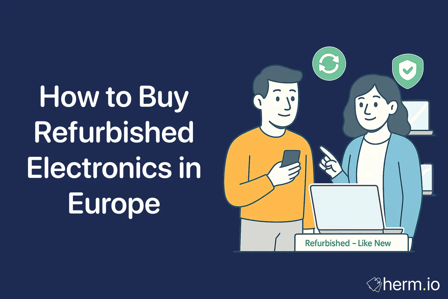 Minimalist illustration of a man and woman shopping for refurbished electronics with icons of recycling and security, showing tips for buying quality refurbished tech in Europe.