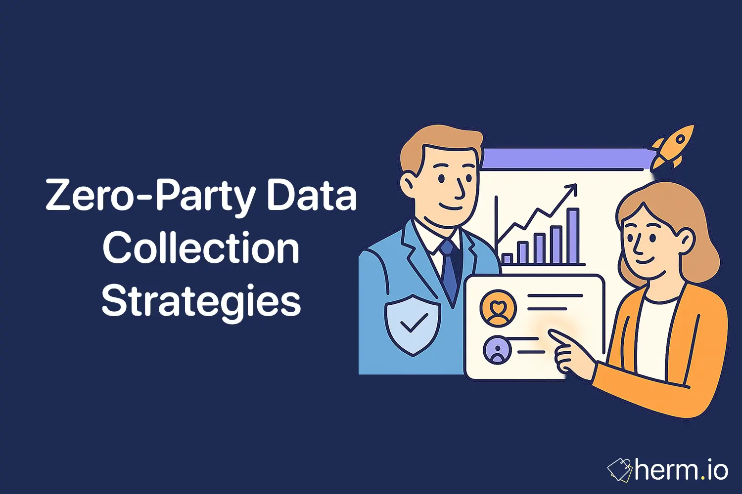 Flat illustration of two marketers reviewing a growth dashboard and persona card with a small rocket, representing zero-party data collection strategies.