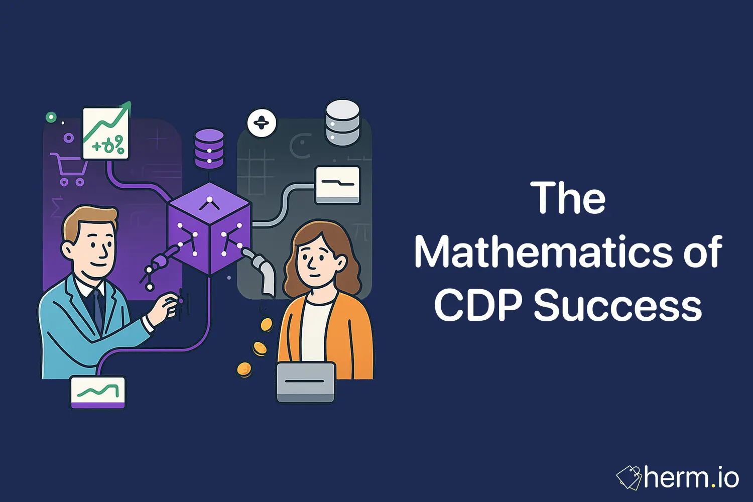 Flat illustration of marketers piping data into a purple CDP cube with charts, databases and coins, visualizing the mathematics of CDP success.