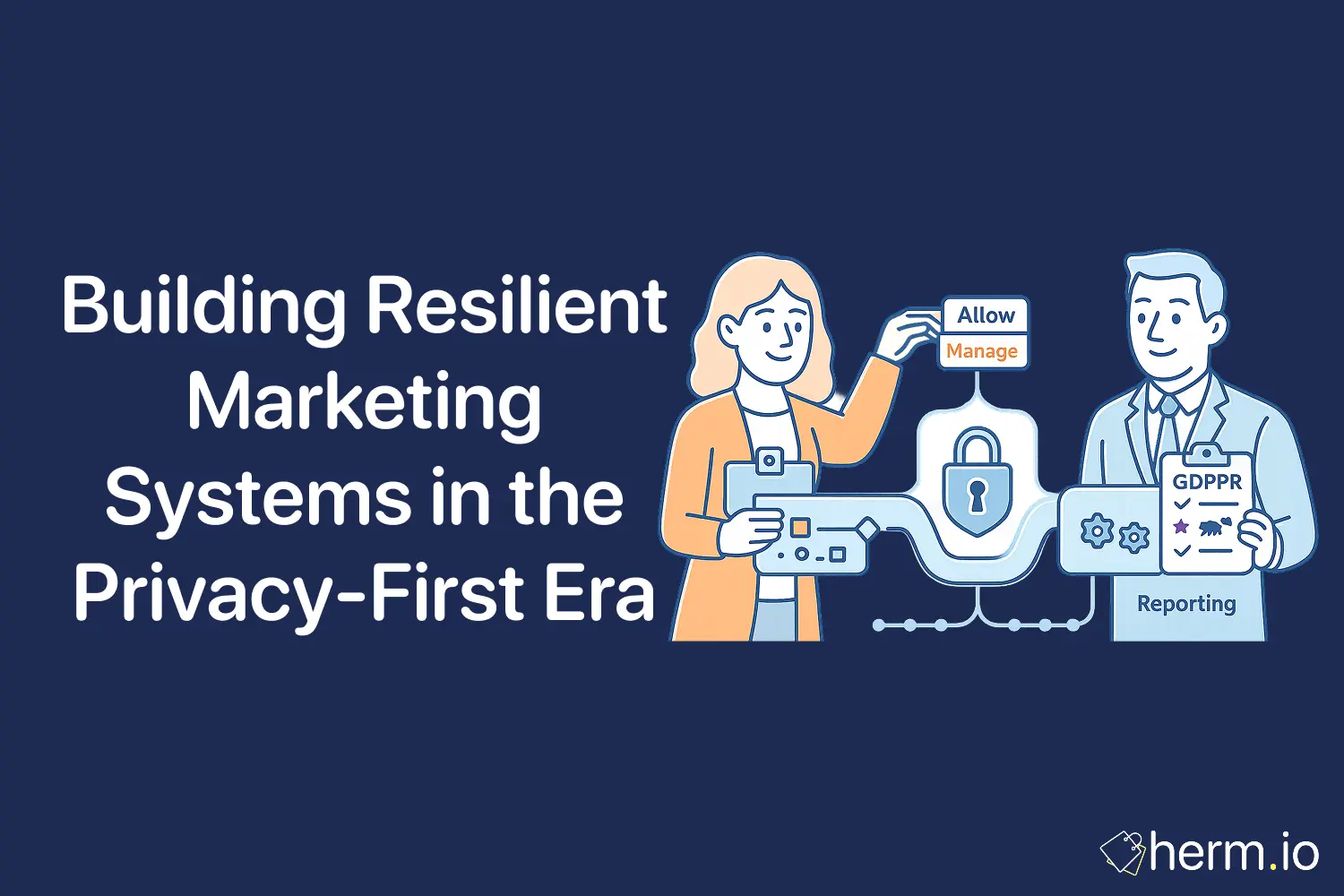 Flat illustration of marketers configuring consent options and GDPR reporting around a padlock, showing resilient privacy-first marketing systems.