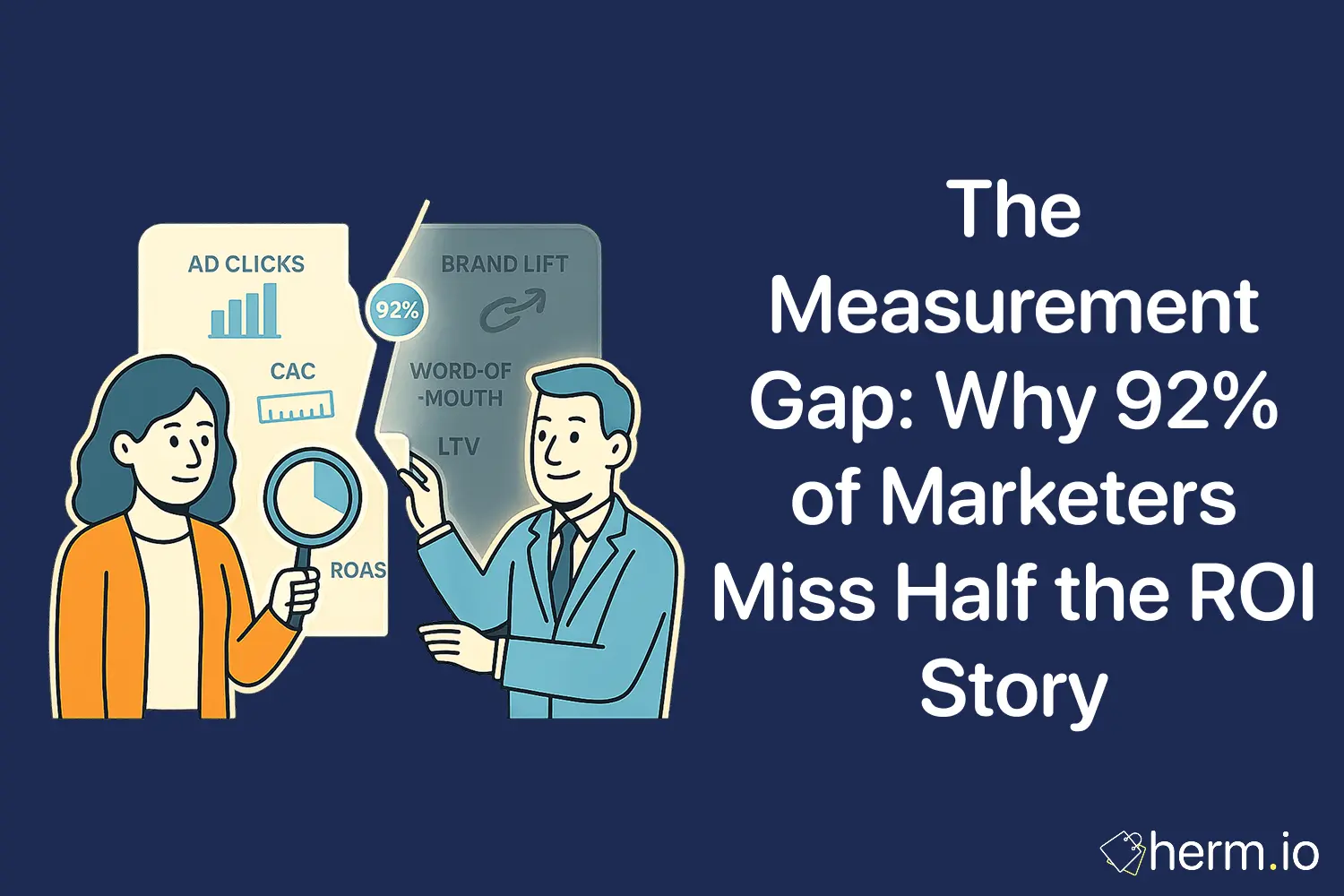 Flat illustration of two marketers comparing ad clicks, CAC and ROAS with brand lift, word of mouth and LTV, highlighting a 92% measurement gap.