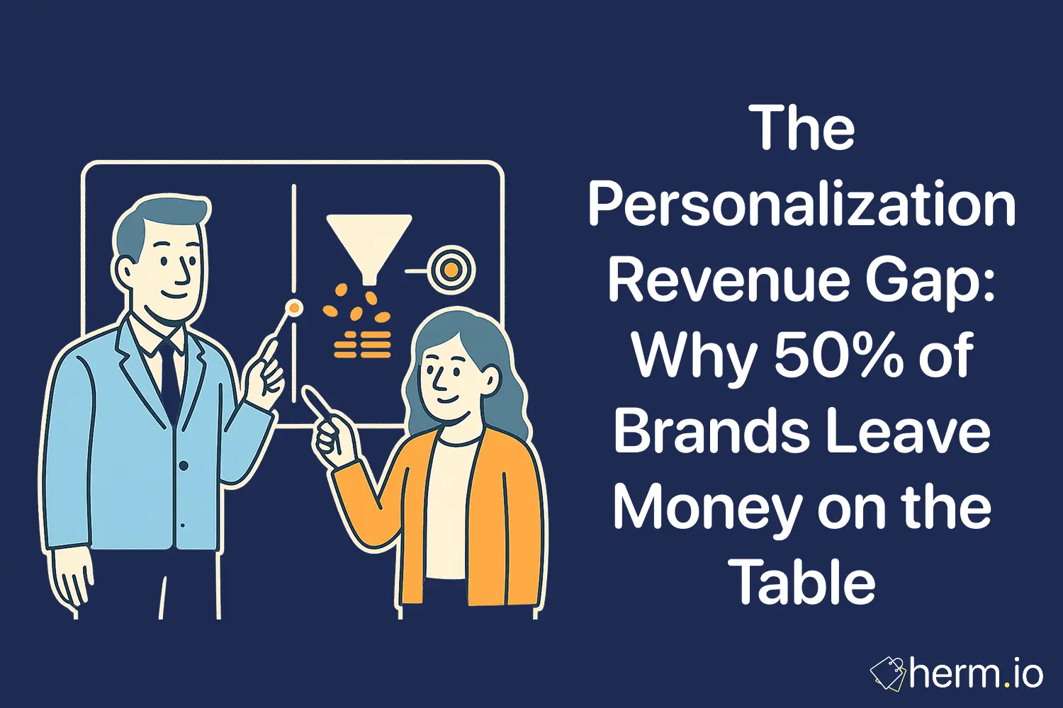 Flat illustration of two marketers pointing at a funnel and target on a whiteboard, showing the personalization revenue gap and missed conversions.