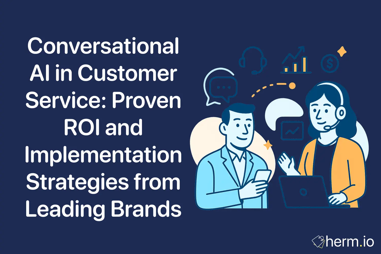 Flat illustration of a headset support agent at a laptop and a manager on mobile with chat and analytics icons, representing conversational AI in customer service ROI.