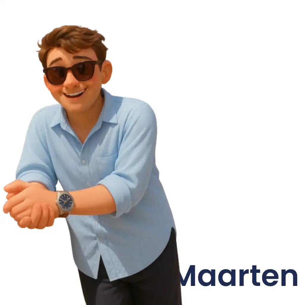 Maarten de Vries – Herm.io author for Netherlands (Dutch) shopping tips; 3D avatar in light blue shirt and sunglasses, white background, profile photo.