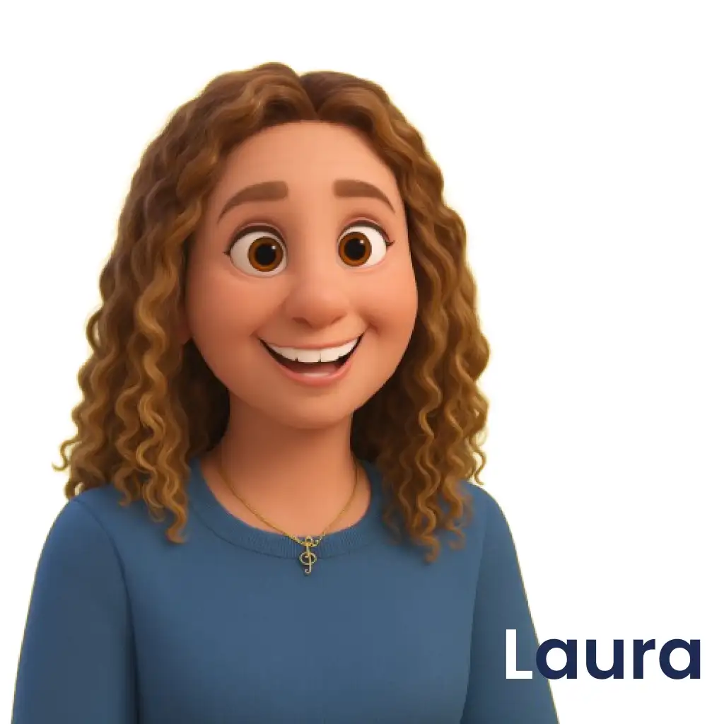 Laura van den Berg – Herm.io writer of Netherlands (Dutch) shopping tips; curly-haired 3D avatar in blue top on white background, profile photo.