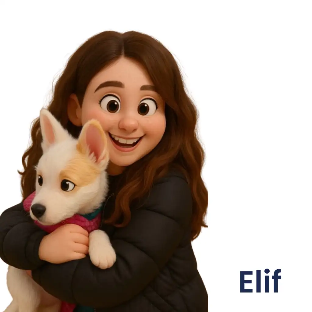 Elif Demir – Herm.io contributor to Turkey shopping tips; 3D avatar hugging a white puppy, white background, profile photo.