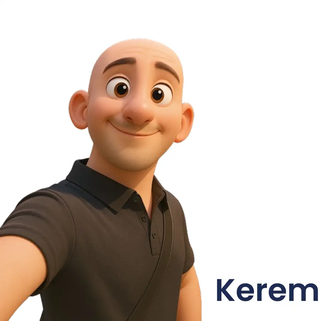 Kerem Özdemir – Herm.io author for Turkey shopping tips; smiling 3D avatar in black polo on white background, profile photo.