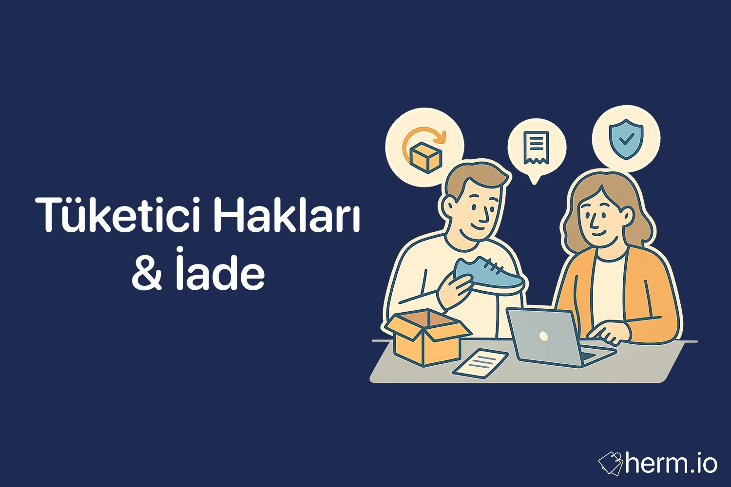 Tüketici hakları ve iade süreçlerini simgeleyen adalet terazisi ve belge illüstrasyonu, lacivert arka planda.