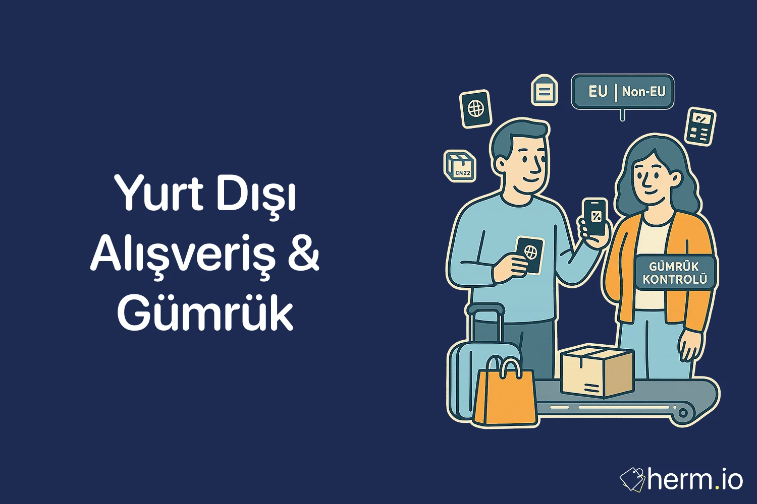 Uluslararası kargo ve gümrük işlemleri gösteren dünya haritası ve paket illüstrasyonu, lacivert arka planda.