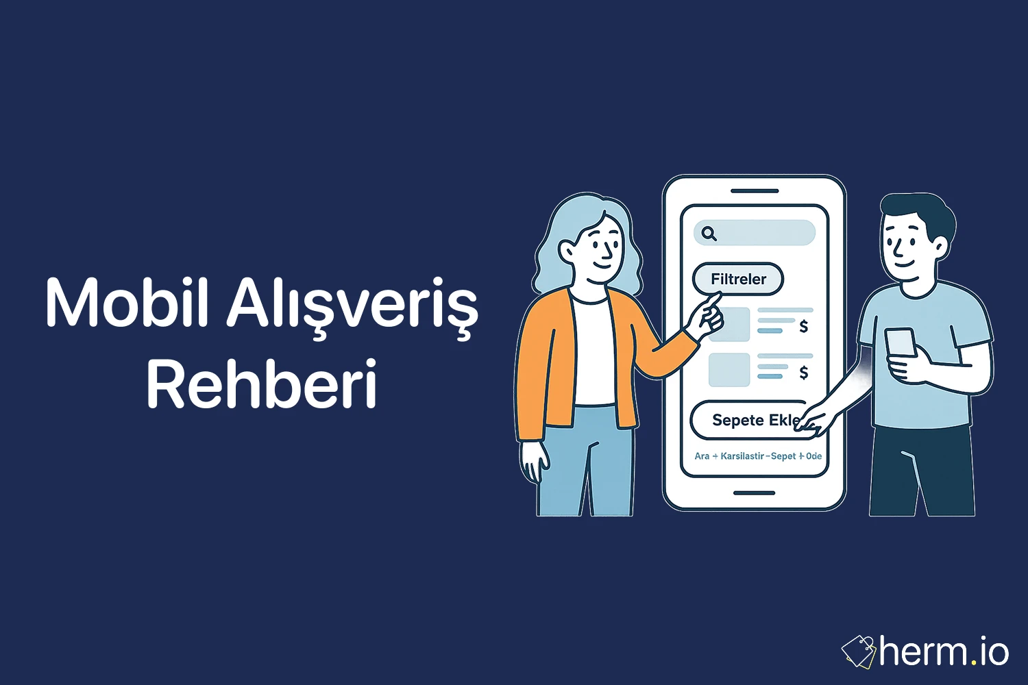 Mobil telefonda alışveriş yapan kişiler ve uygulama ikonları gösteren illüstrasyon, lacivert arka planda.