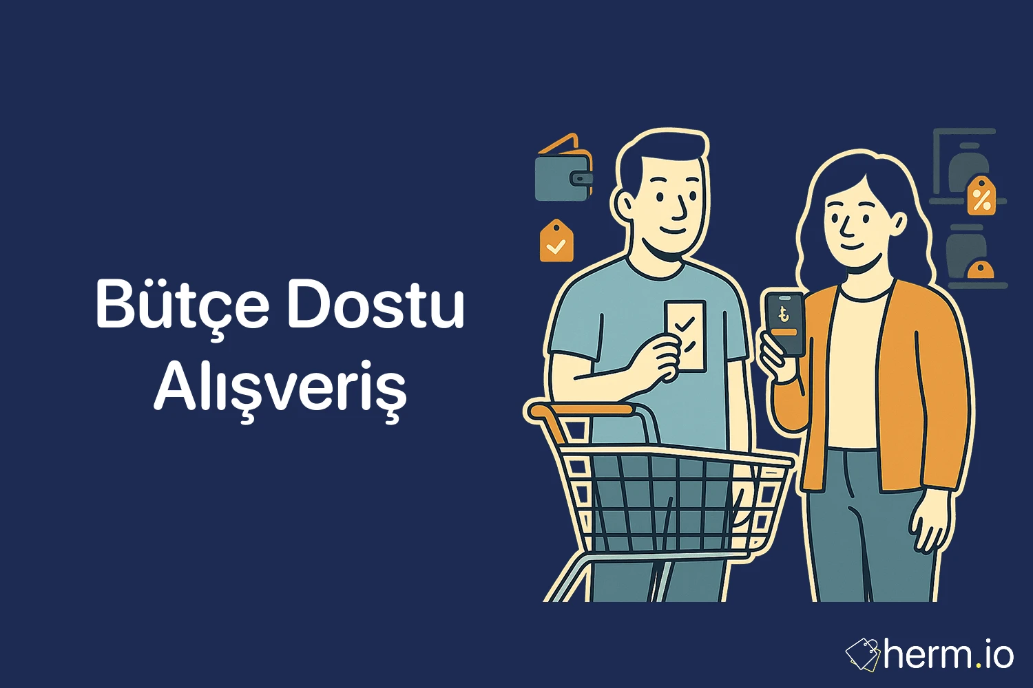 Bir adamın altın para tuttuğu ve bir kadının laptop yanında makasla belge kestiği illüstrasyon, lacivert arka planda.