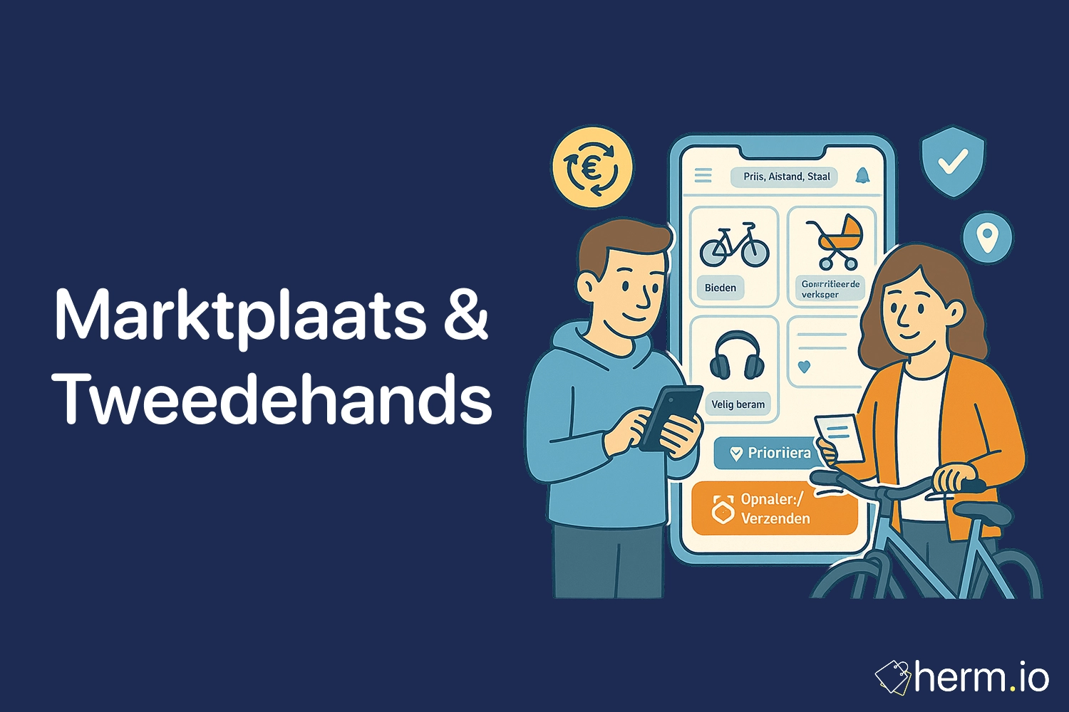 Illustratie van tweedehands shopping met hergebruik symbolen en marktplaats iconen, op een donkerblauwe achtergrond.