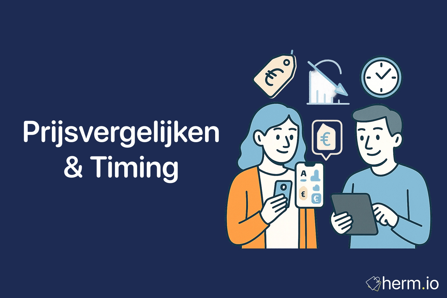 Illustratie van grafieken en prijsanalyse tools op schermen, op een donkerblauwe achtergrond.