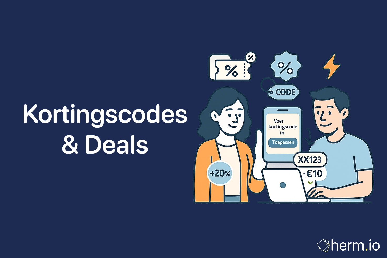 Illustratie van iemand die kortingscodes gebruikt op een laptop met percentage-symbolen, op een donkerblauwe achtergrond.