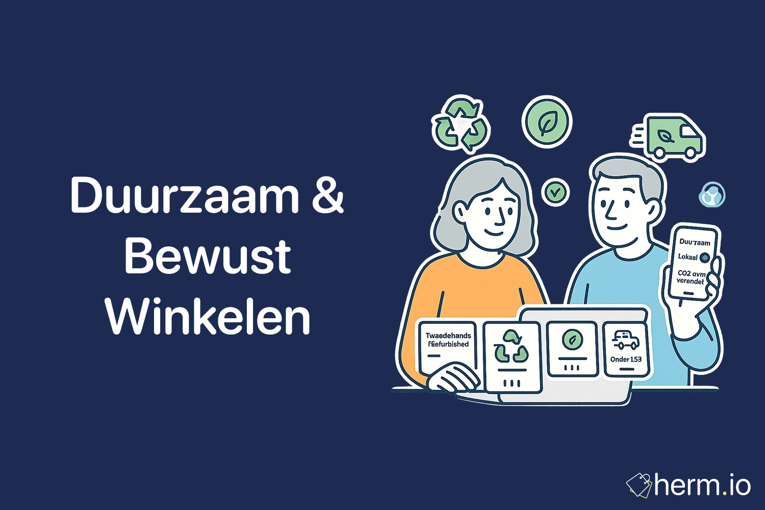 Illustratie van een man met een smartphone met bladpictogram en een vrouw met broccoli en een herbruikbare tas met recyclingsymbool, op een donkerblauwe achtergrond.