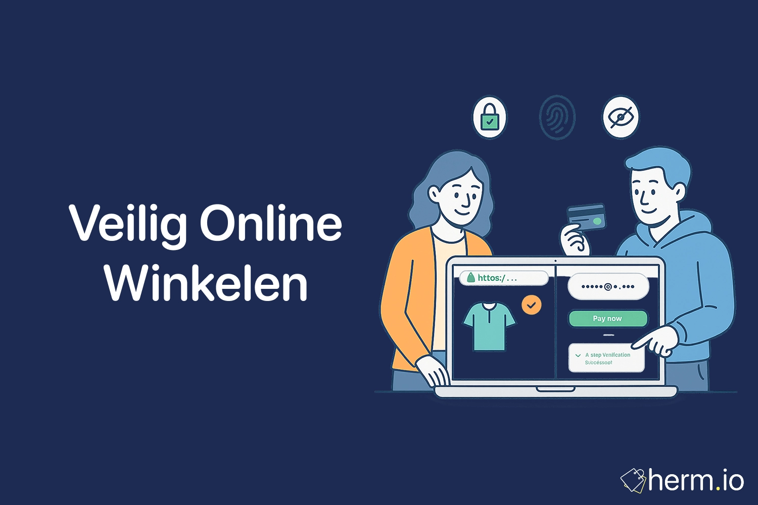 Illustratie van een man en een vrouw achter een laptop beschermd door een schild met een slotpictogram, op een donkerblauwe achtergrond.