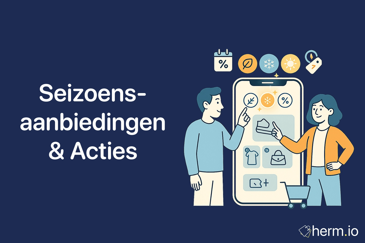 Illustratie van een man met meerdere boodschappentassen en een vrouw die naar een smartphone wijst, op een donkerblauwe achtergrond.