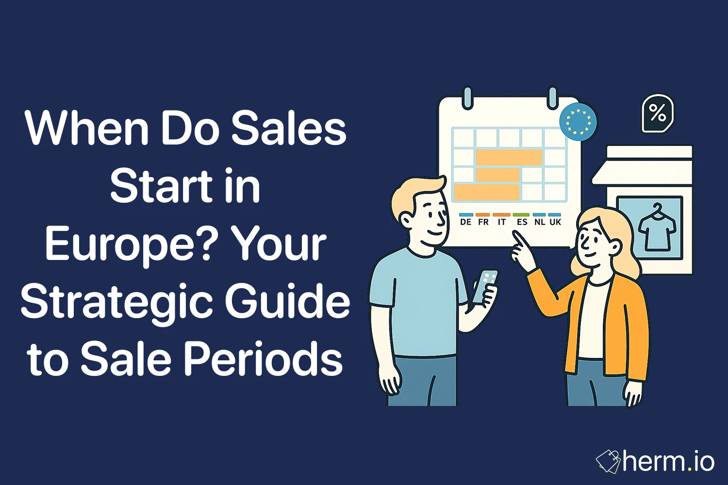 Two shoppers point to a country-by-country calendar (DE, FR, IT, ES, NL, UK)—strategic guide to European retail sale periods.