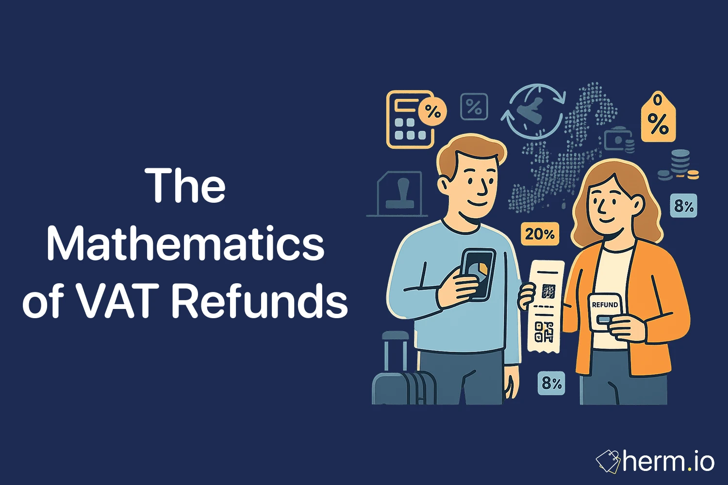 Travelers in Europe holding a receipt and phone beside VAT percentages and EU map—step-by-step guide to calculating VAT refunds.