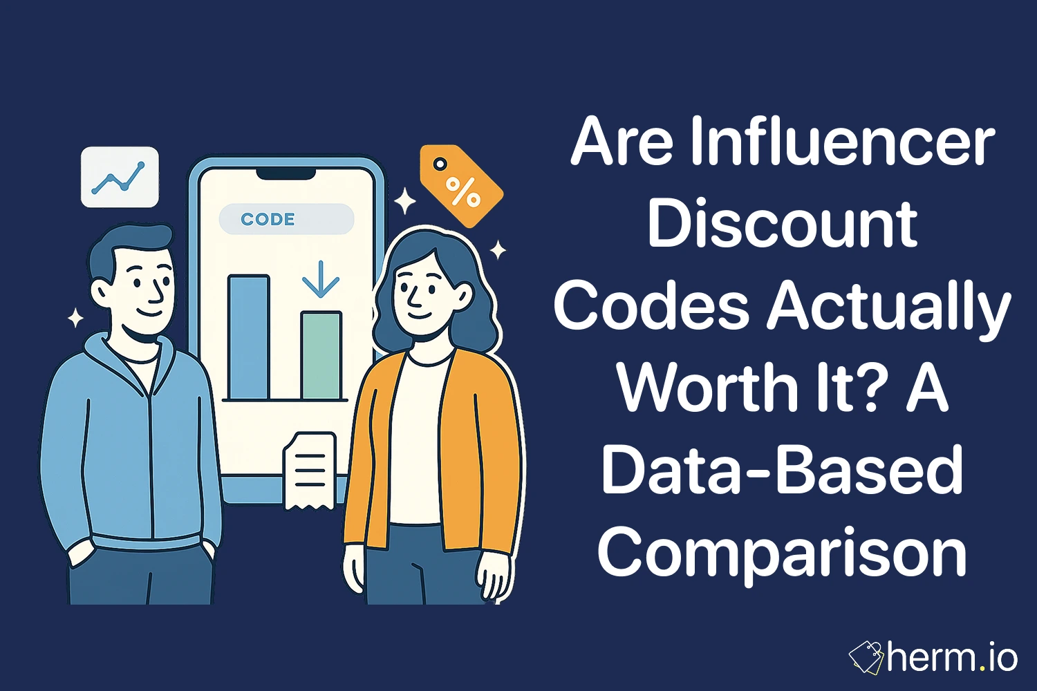 Shoppers reviewing chart on a smartphone with a discount tag icon: are influencer discount codes worth it, a data-based comparison.