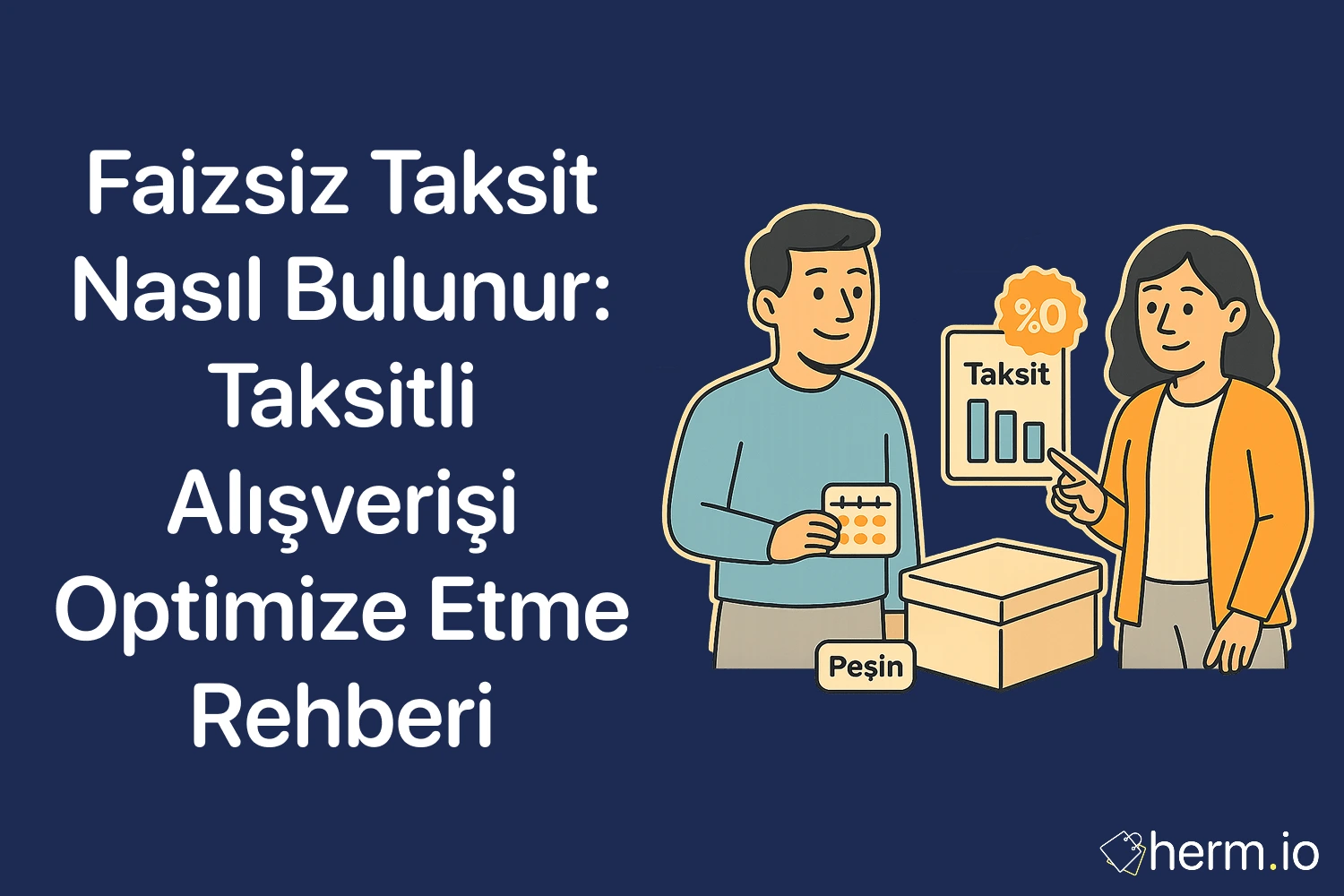 İki kişi, taksit grafiği ve %0 rozeti; takvim ve ‘peşin’ kutusu; faizsiz taksit bulma ve taksitli alışverişi optimize etme rehberi.