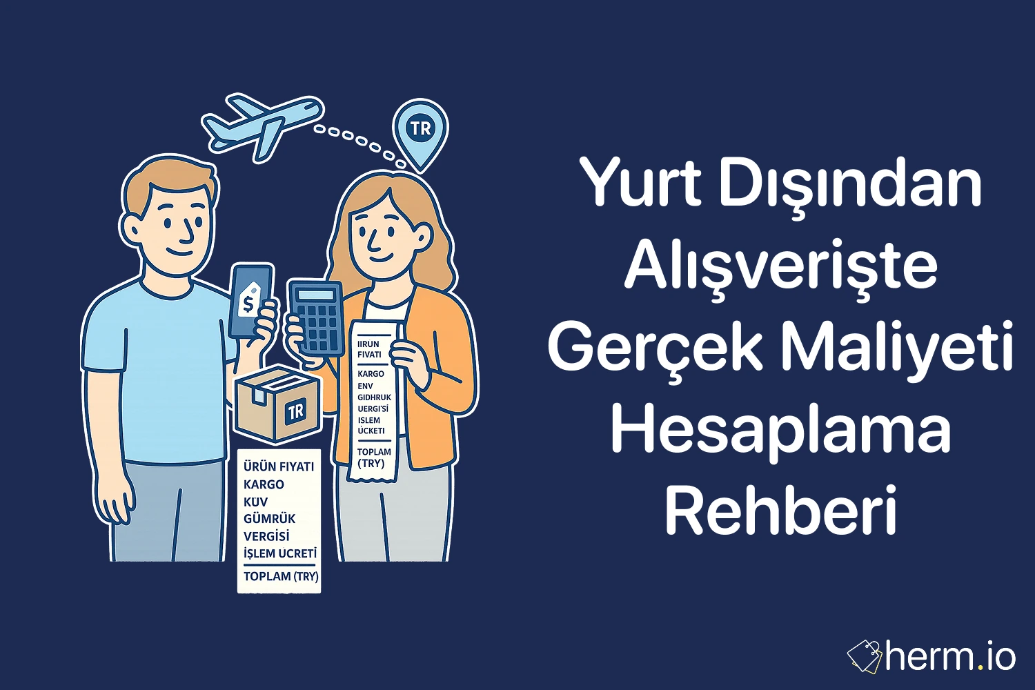 Uçak ve TR piniyle iki kişi; kutu, hesap makinesi ve kalem kalem masrafları yazılı fiş; gümrük vergisi ve toplam maliyet hesaplama rehberi.