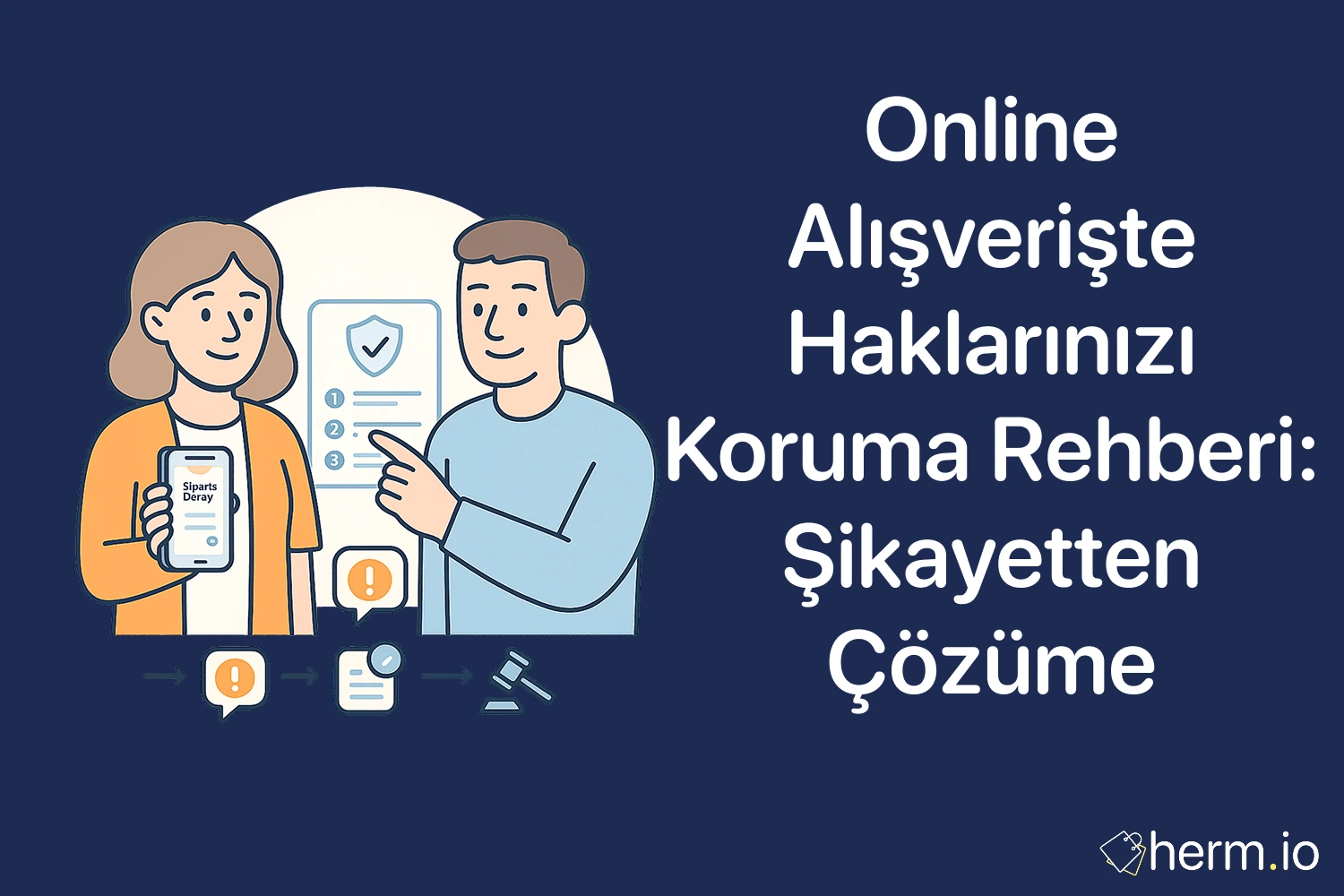 İki karakter, telefon ve güvenlik kalkanı ikonlarıyla online alışverişte tüketici hakları; şikayetten çözüme adım adım rehber.